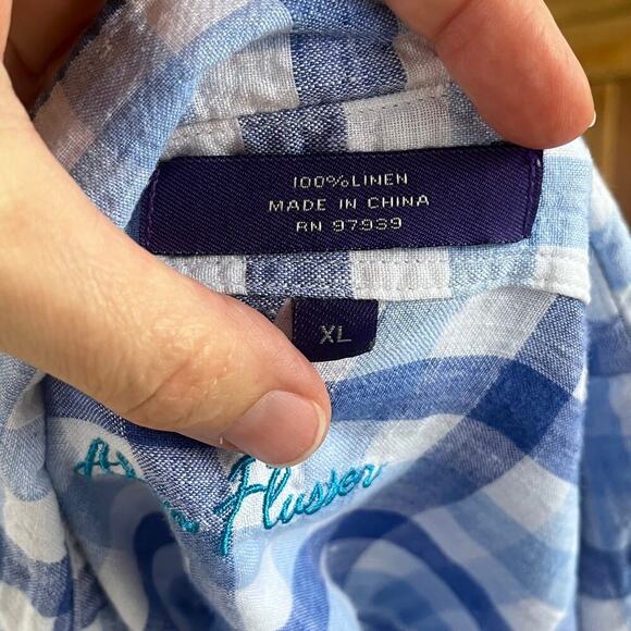 Alan Flusser Men's Blue And White Gingham Button Down Shirt 100% Linen Size XL - Picture 6 of 7